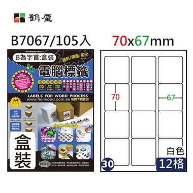 鶴屋#30三用電腦標籤12格105張/盒 白色/B7067/70*67mm